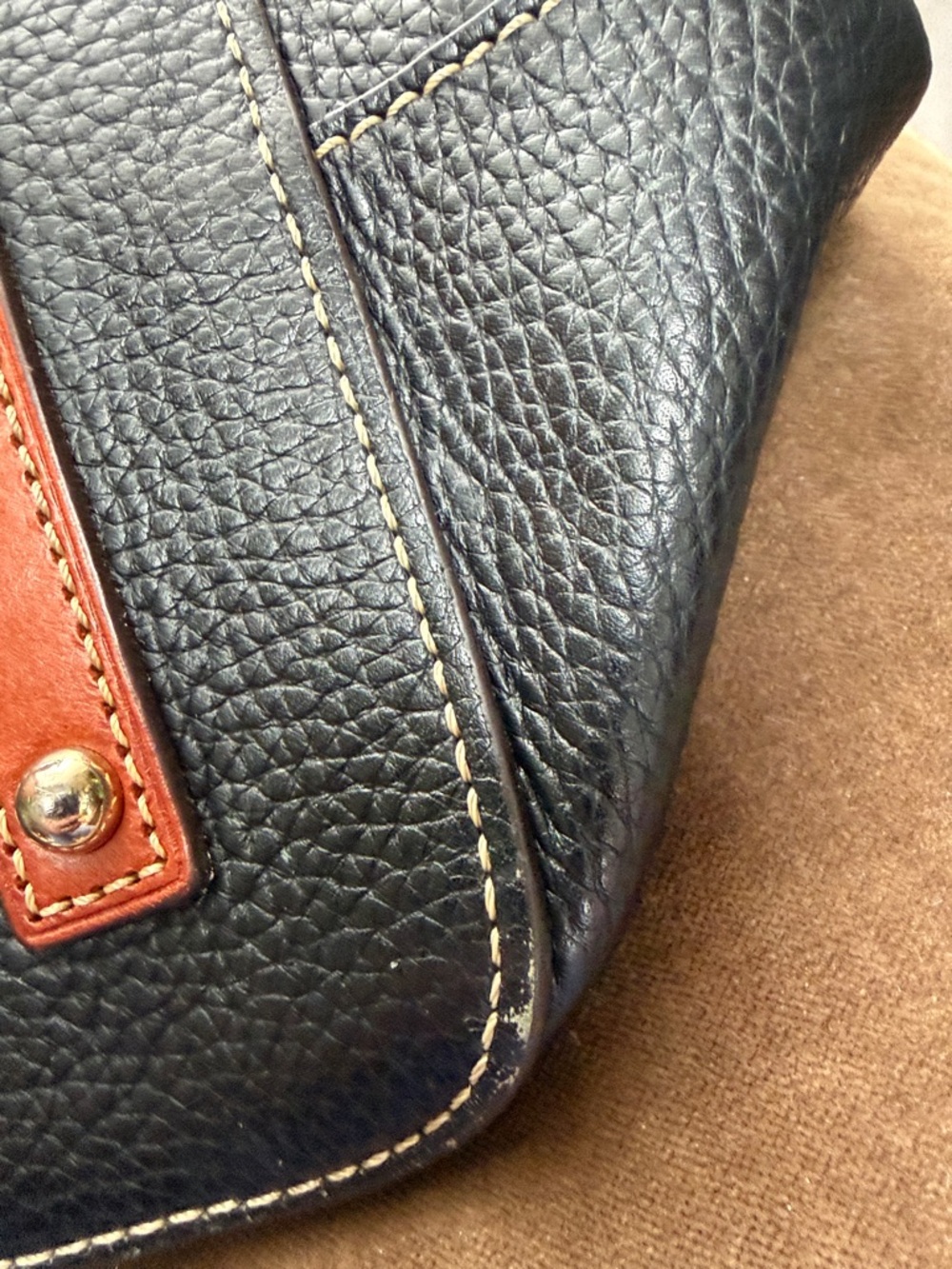 Dooney & Bourke Black Pebbled Leather Tote with Brown leather Trim and Tassel - Picture 15 of 16